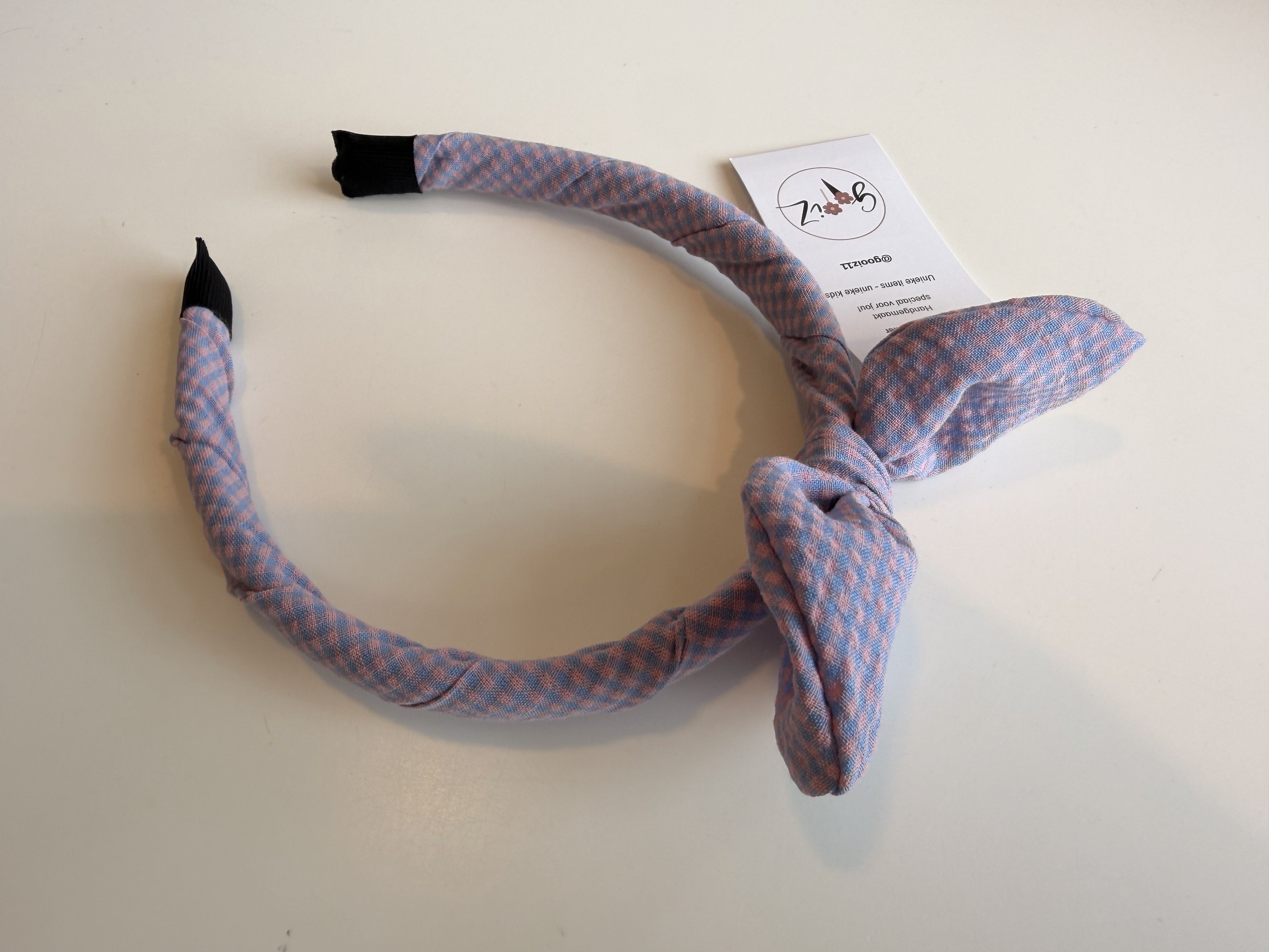 Gooiz | Haarband strik - ruit lichtblauw/roze