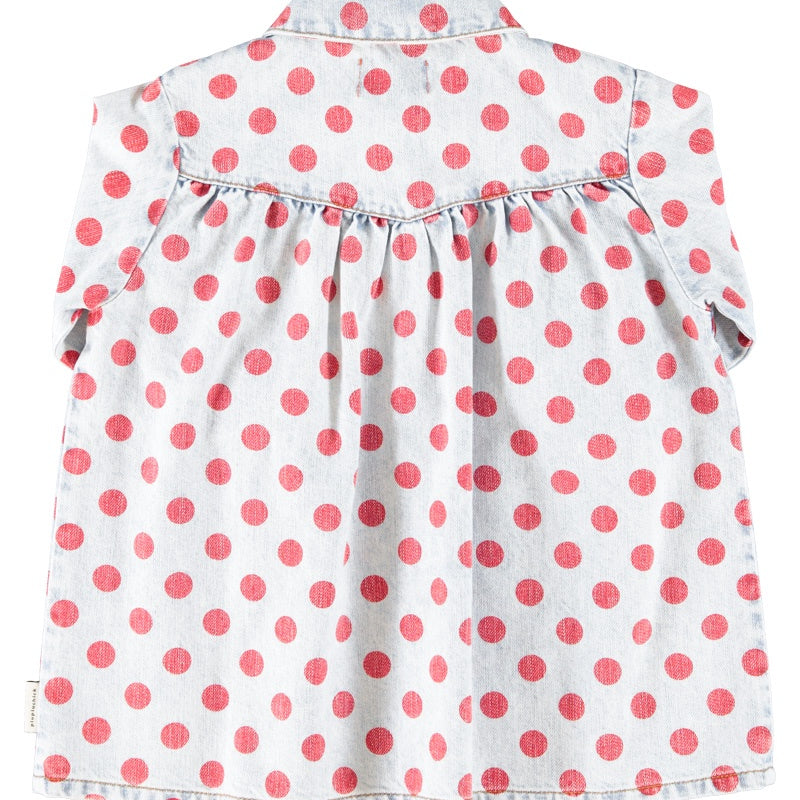 Piupiuchick | Short dress light blue denim w/ red dots