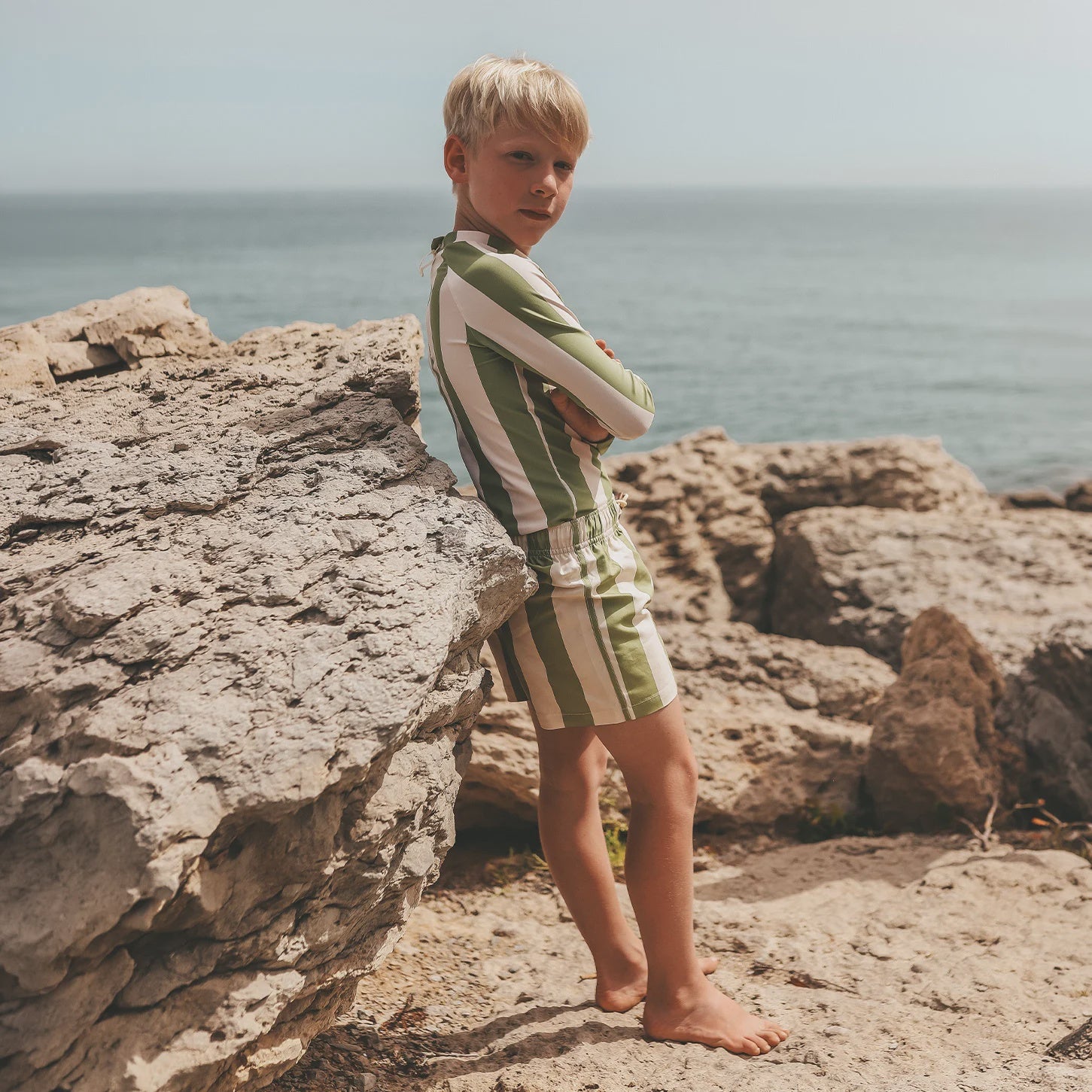 Salted Stories | Wide stripe swim shorts iguana