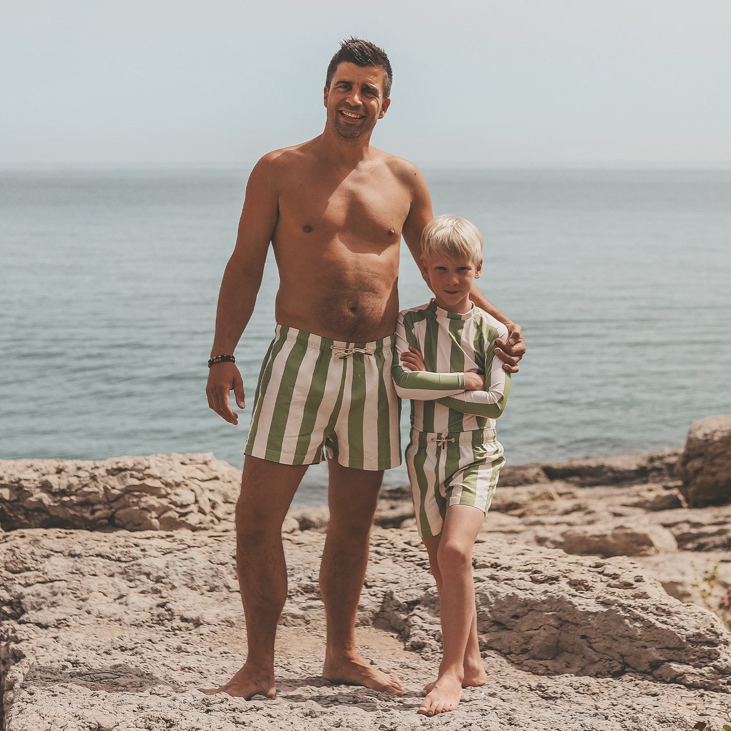 Salted Stories | Wide stripe swim shorts iguana