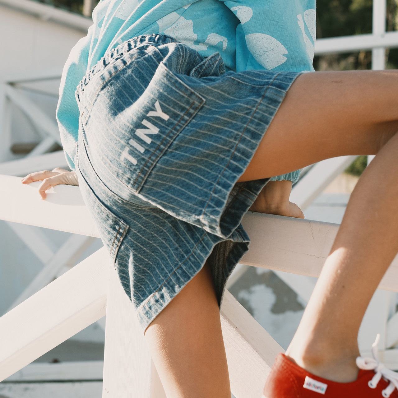 Tiny Cottons | Stripes denim shorts | light wash denim